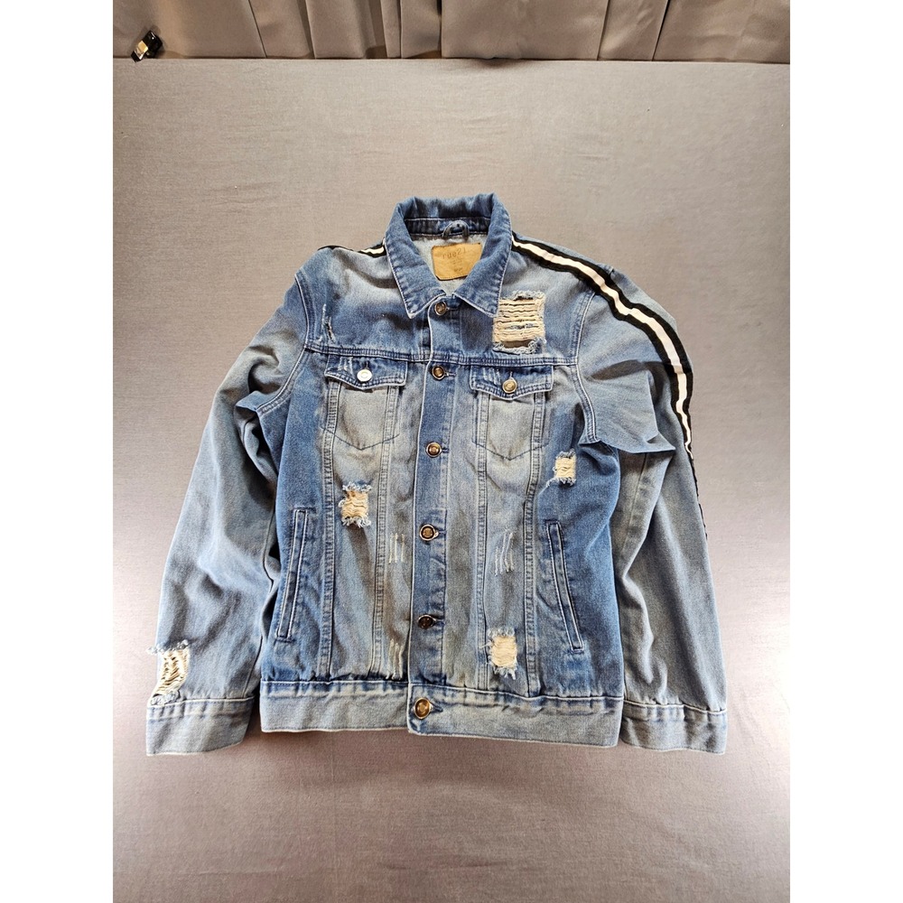 Rue21 Mens Distressed Denim Trucker Jacket Blue Stripe Sleeve Large Streetwear